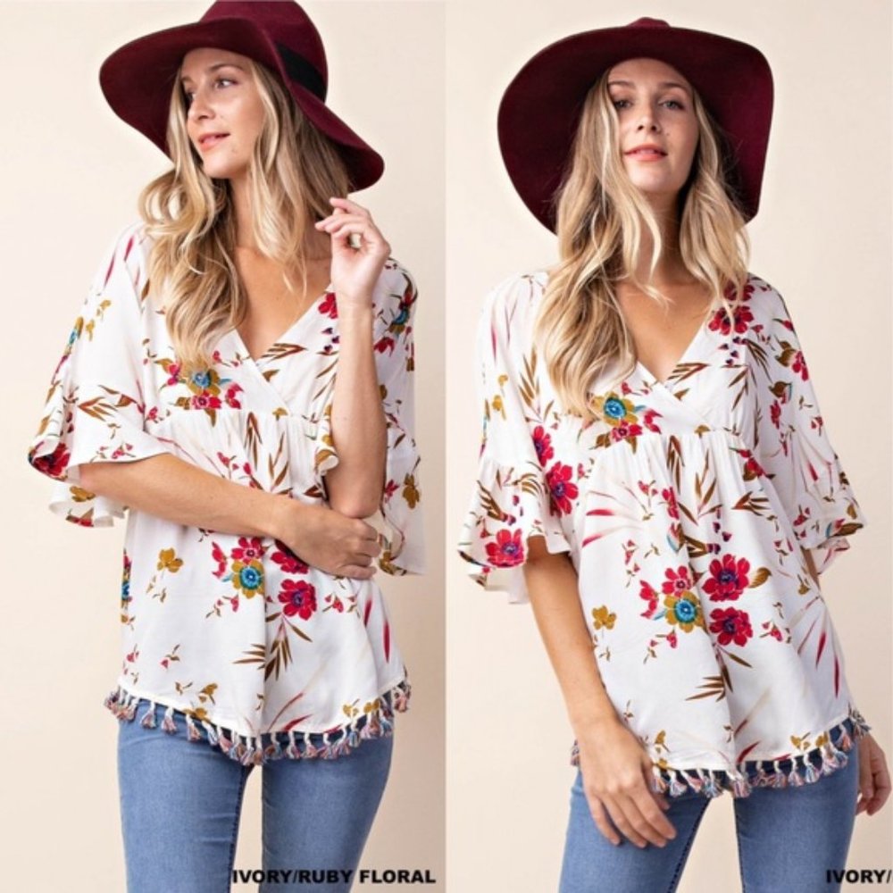 ivory floral fringe top